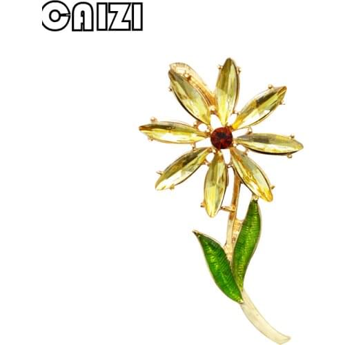 CAIZI New Yellow Rhinestone Sun Flower Brooch Pin for Women Lady Crystal Brooches Wedding Fashion Jewelry Clothes Accessories