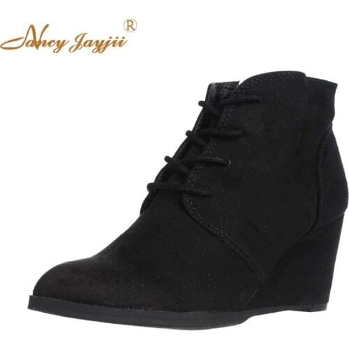 Female Shoes Adult Flock Ladies Boots Zipper Cross-tied Pointed Toe Super High Wedges heels Fashion Novelty Nancyjayjii 2019