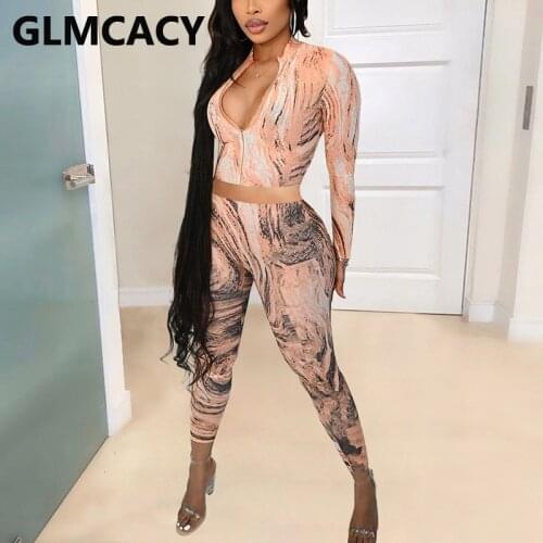 Women Two Piece Fall Chic Suits Long Sleeve Crop Top & Skinny Pants Set