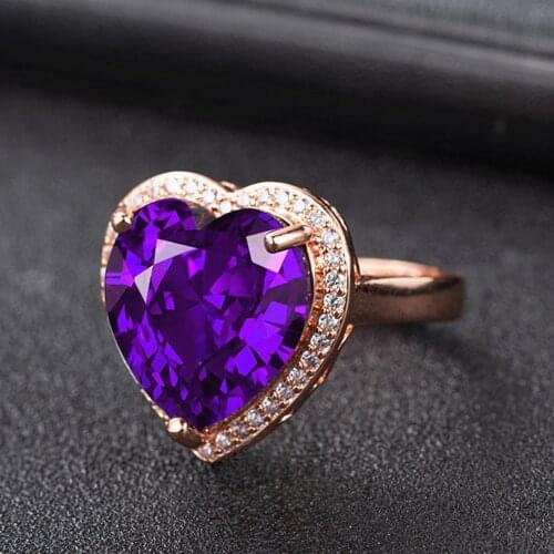Love Heart Big Purple Crystal Amethyst Gemstones Diamonds Rings for Women Rose Gold Color Jewelry Bijoux Trendy Accessory Gifts