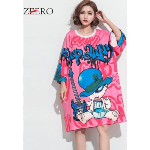 Casual Words Cartoon Print Pink T Shirt Dresses for Women Summer Korean Oversize Midi Dress Female Long Tees Tops Vestidos Mujer