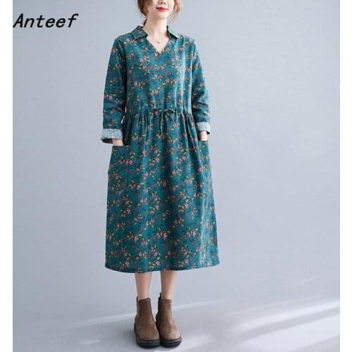 Anteef long sleeve plus size cotton linen vintage floral dresses for women casual loose pring autumn dress elegant clothing 2021