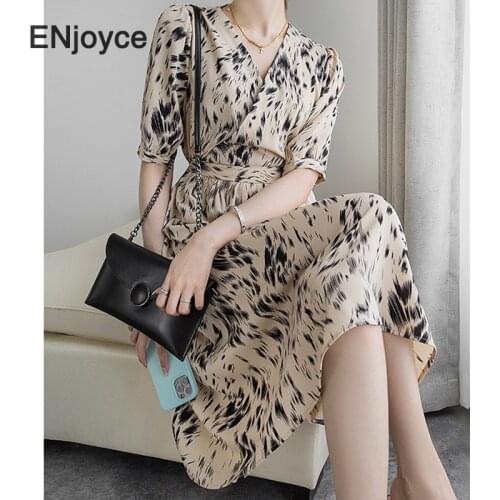 Vintage Floral Printed V-neck Puff Short Sleeve Midi Dress Korean Casual A-line Chiffon Long Dresses Summer Clothes for Women