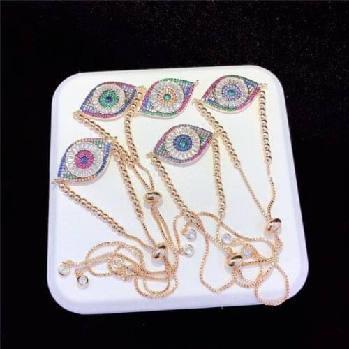 10pcs/lot New Arrival Micro Pave Rainbow Cubic Zirconia Marquise Turkey Evil Eye Adjustable Brass Bead Bracelet Jewelry On Sale