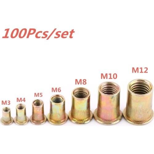 100pcs M3 M4 M5 M6 M8 M10 M12 Zinc Plated Carbon Steel Knurled Nuts Rivnut Flat Head Threaded Rivet Insert Nutsert Cap Rivet Nut
