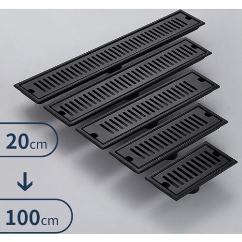 20-100cm Black Side Outlet Shower Drain Stainless Steel Bathroom Floor Drainage Linear Waste Drain Cover Roof Kitchen Accessory
