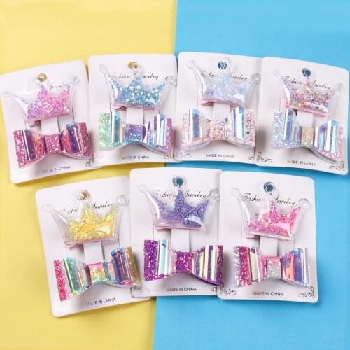 20 sets/lot, Cute Little Girls Hair Bows Clips PVC Layer Glitter Kids Star Hairpins Princess Headdress Hair Accessories Set