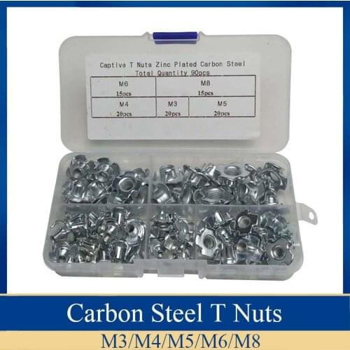 90pcs Carbon Steel T Nuts M3 M4 M5 M6 M8 Captive Pronged Tee Nuts Blind Nuts Zinc Plated Metric Assortment Kit