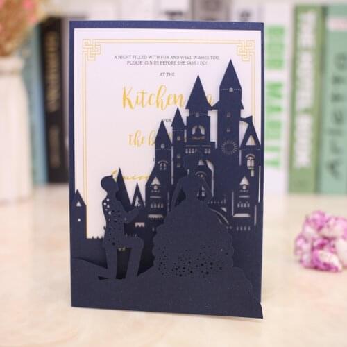 Free Shipping 50pcs Laser Cut Castle tri-fold Wedding Invitation Cards Kit White Iovry Navy blue customized Invite Envelope RSVP