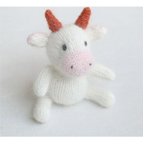 Newborn Hand Knit Cows Toy Angola Knit Baby Stuffer Animal Toy Bonnet Set Photography Props Vintage Teddy Bear Doll