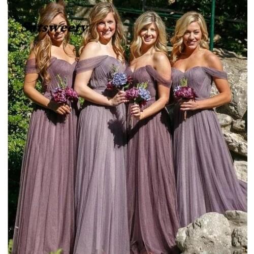 Sexy Bridesmaid Dresses Off The Shoulder Floor Length Tulle A-Line Bridesmaid Dresses Wedding Party Dresses With Zipper