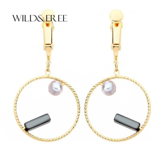 Trendy Gold Color Round Circle Clip Earrings Jewelry For Women Handmade Geometric Statement Pearl Ear Earrings Christmas Gift