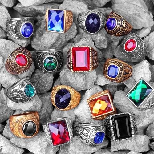 Stainless Steel Mens Rings Gold Silver Color Red Blue Rhinestone Simple Luxury for Male Boy Jewelry Creativity Gift Wholesale