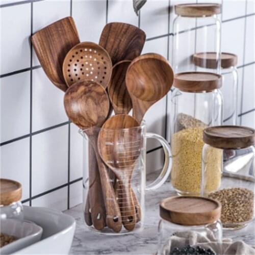 1-7Pcs/Set Teak Natural Wood Tableware Colander Spoon Special Nano Soup Skimmer Cooking Spoon Wooden Kitchen Tool Suit