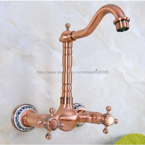 Antique Red Copper Dual Cross Handles Wall Mounted Gold Hot&Cold Bathroom Kitchen Basin Sink swivel Faucet Mixer Tap Bnf942
