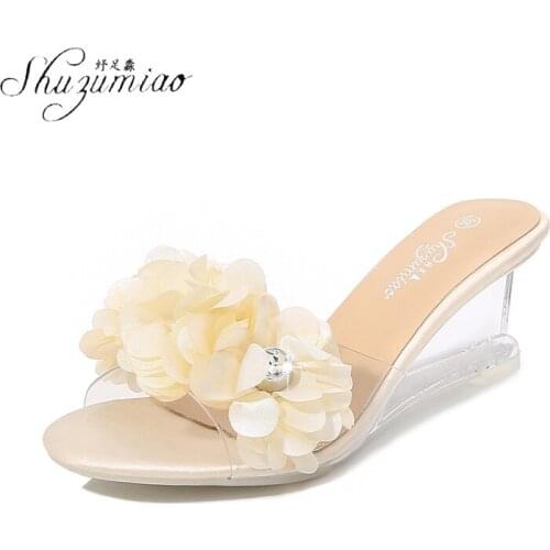 SHUZUMIAO 2021 New Shoes Woman Summer Fashion Flowers Casual Slides Non-Slip Wedges Beach Slippers chaussons femme In 3 Colors