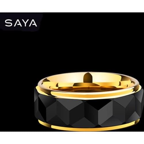 Multi Faceted Design Tungsten Wedding Rings Band for Women Men 8mm Width Gold Plating Inside, Black, Free Shipping, Customized
