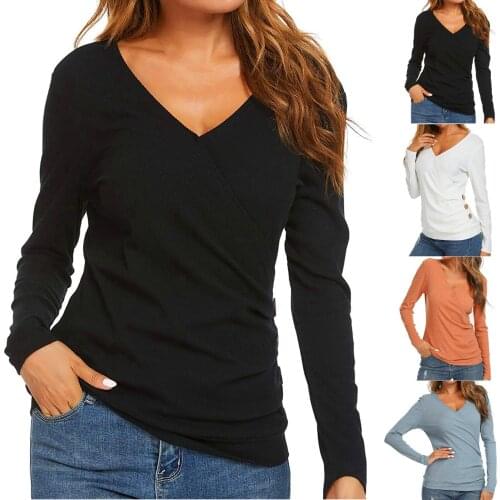 Autumn Winter Womens Solid Color Streetwear V-Neck Long Sleeve Shirt Casual Loose Temperament Basic Tops Blouse Wholesale