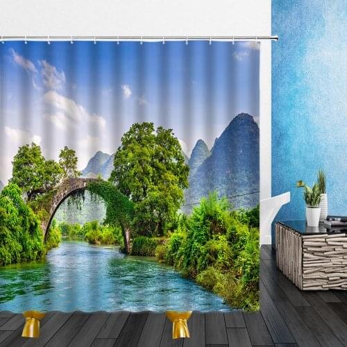 Landscape Shower Curtains Rural Field Natural Scenery Bridge Waterfall Bathroom Home Decor Waterproof Polyester Cloth Curtain