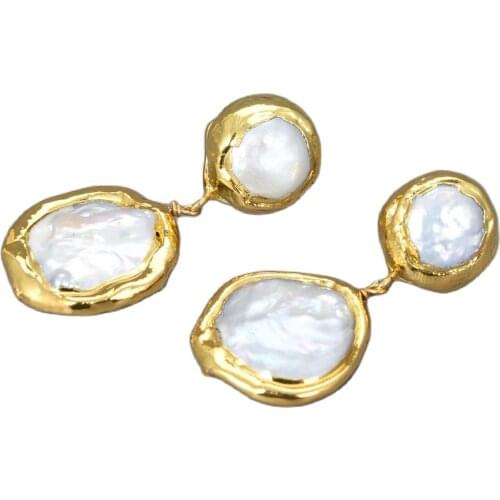 GG Jewelry Yellow Golden Color Plated Natural White Coin Freshwater Pearls Earrings For Women