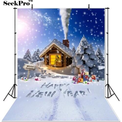 Thin Vinyl Snowing Cottage Country Tree Outdoor New Year Photo Backdrops High quality Printed Christmas Photographic Backgrounds