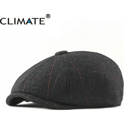 CLIMATE Vintage Men Winter Flat Cap Beret Warm Men Hat Thicken Retro Woolen Plaid Grid Warm Tweed Newsboy Style Cap Hat