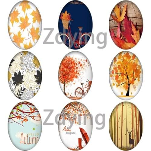Zdying 10pcs/lot Autumn Maple Leaf Oval Glass Art Picture Cabochons Beads DIY Necklace Keychain Pendant Jewelry Findings