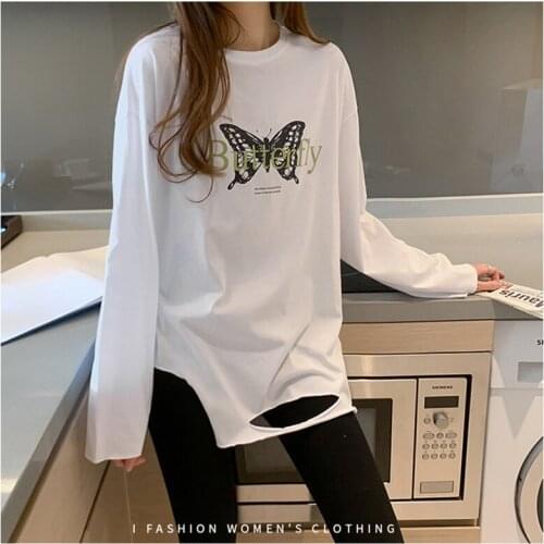 Summer Oversize Print Long T Shirt For Dress Women Fashion White Hole Tshirt Long Sleeve Tee Shirt Femme Girls Loose Tops