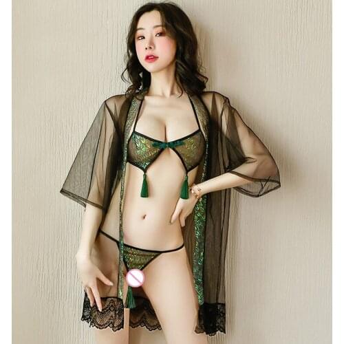 Sexy Lingerie Set Women Peacock Tassel Jacquard Three Point Bathrobe Jacket Suit Set Erotic Cosplay Net Yarn Uniform Sissy