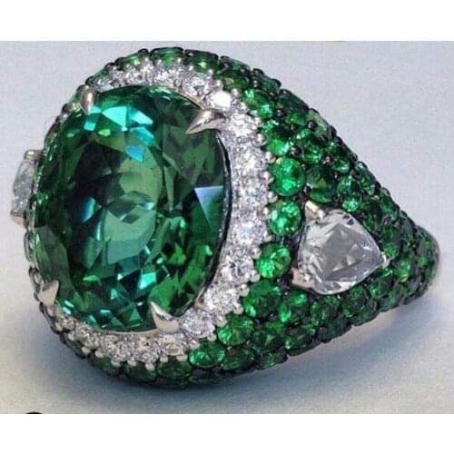 Womens Fashion 925 Silver Color Ring Elegant Luxury Green Gemstone Jewelry Wedding Engagement Party Ring Gift Size 5-11