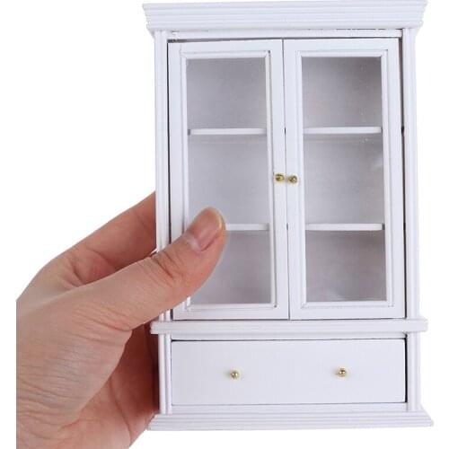 1:12 Dollhouse Miniature White Wooden Double Door Glass Display Cupboard Cabinet Showcase With Drawer Dollhouse Decor