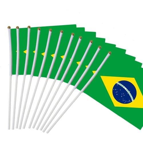 14x21cm 10pcs Brazils national flag hand waving flags with Plastic Flagpoles Activity parade Sports Home Decoration NC007