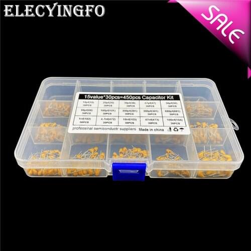 15 values x 30pcs 50V 10pf-100nf (100-104) Commonly used 5.8mm DIP Multilayer ceramic capacitor kit 450pcs