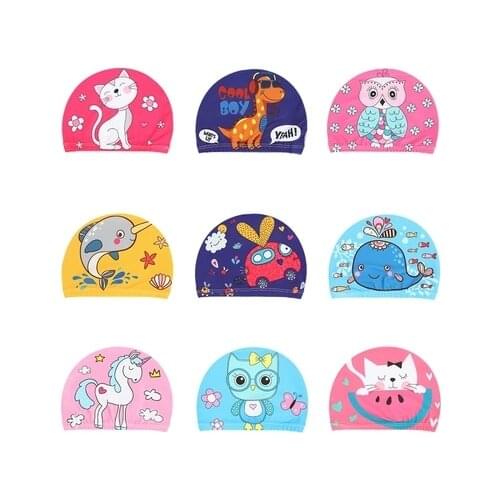 2020 Girls Cartoon Fabric Swimming Cap Swim Pool Beach Protect Ears Hair Bathing Hat For Boys Child Cute Swim Cap