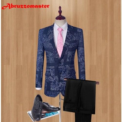 2020 Printed Groom Tuxedos Technology Style Groomsman Suit Custom Made Man Suit Stage Wear wedding suit (Jacket+pants)