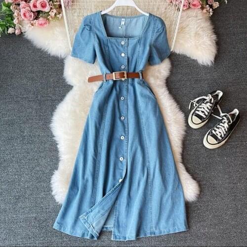 2021 Summer Vintage Short sleeve Long Dress High Waist Square collar Buttons A-Line Dress Elegant Party Denim Dresses Women