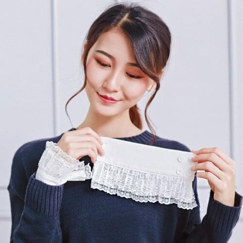 Women Girls Decorative Chiffon Fake Flare Sleeves Floral Lace Pleated Ruched False Cuffs Apparel Wrist Warmers With Four Button