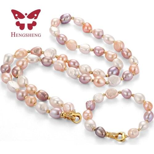 HENGSHENG 9-10MM natural freshwater pearl necklace&bracelet sets. Fine Jewelry Set Baroque Pearl Jewelry For Women Jewelry Gift