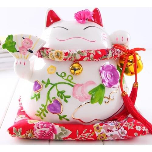 Crafts Arts Home decoration Lucky Cat ornaments large Japanese ceramic piggy piggy bank opened flowers rich creative gifts