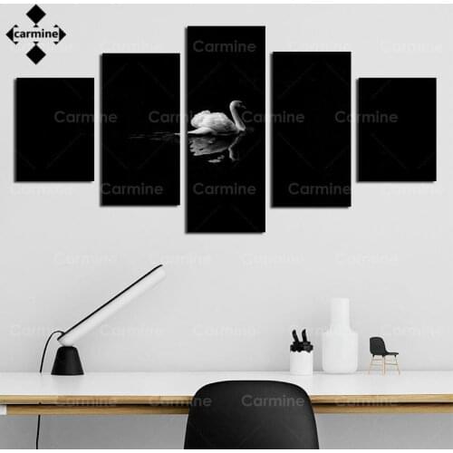 White Swan Canvas Painting Animal Themed Pond Reflection 5 Pieces Photography Canvas Print Poster for Living Room Decor No Frame