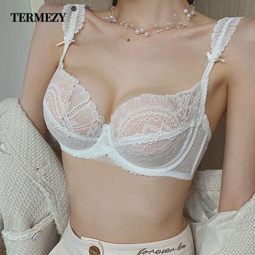 TERMEZY Ultra-thin Cup Sexy Lace Underwear Transparent Bra Set Bow Lingerie Comfortable Brassiere Panties Set Big Size 95E 90E