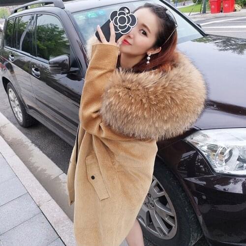 MAOMAOKONG winter new detachable rex rabbit fur liner corduroy jacket to keep warm Parker raccoon fur fur collar coat women loos