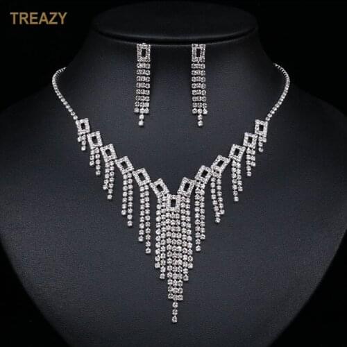 New Fashion Geometric Tassels Crystal Necklace Earrings Bridal Jewelry Sets Silver Plated Rhinestone Women Wedding Jewelry Sets