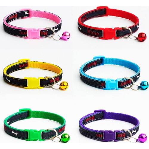 Pets Adjustable Denim Dog Collar with Bell Bone Print Fastener Puppy Necklace