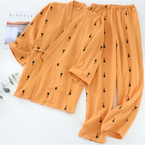 New 100% Cotton Crepe Women Long Sleeved Trousers Pajama Set V-Neck Carrot Printing Pajamas Kimono 2 Piece Soft Household Suit