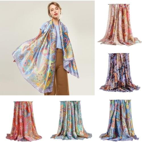 JTVOVO RUNMEIFA 2021 New Luxury Brand Designer Oversized Silk Satin Printed Scarf Bohemian Floral Spring Autumn Sunscreen Shawl