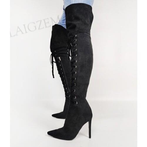 LAIGZEM Women Boots Thigh High Boots Side Zip Suede Stiletto Heels Boots Over Knee Ladies Shoes Woman Large Size 42 43 44 45 47