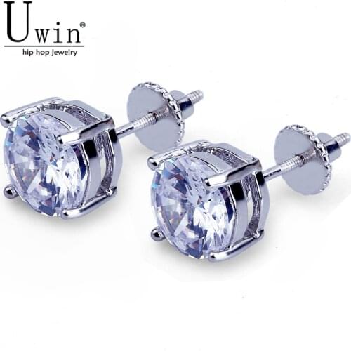 Uwin 8mm Bling Stud Earrings With Screw Back Copper Material Gold silver color Color CZ Fashion Hip Hop Jewelry