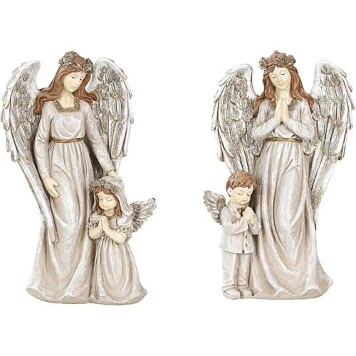 European-style Mother and Daughter Son Angel Ornaments Retro Home Decoration Garden Villa Decor LED Light Strip Resin Crafts
