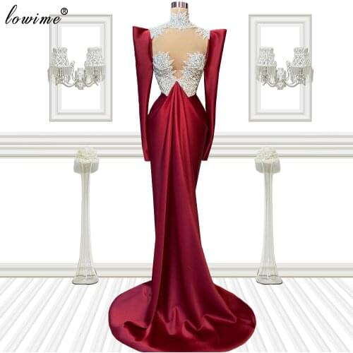 Long Sleeves Burgundy Evening Dresses Beads Muslim Formal Evening Gowns Turkish Couture Grand Prom Party Dresses Robe Longue